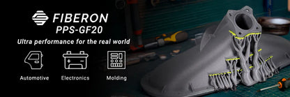 Fiberon PPS-GF20 component with tools on a workbench, highlighting automotive, electronics, and molding applications.