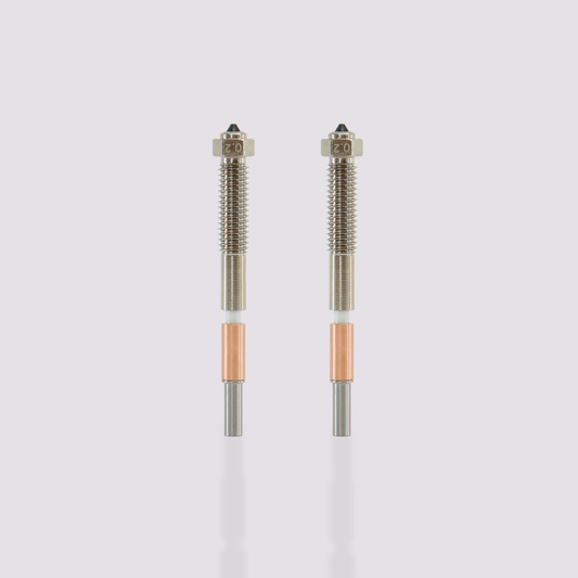 Two QIDI Max4 Bimetal Nozzles with 0.2 mm diameter tips, featuring silver, white, and copper components.