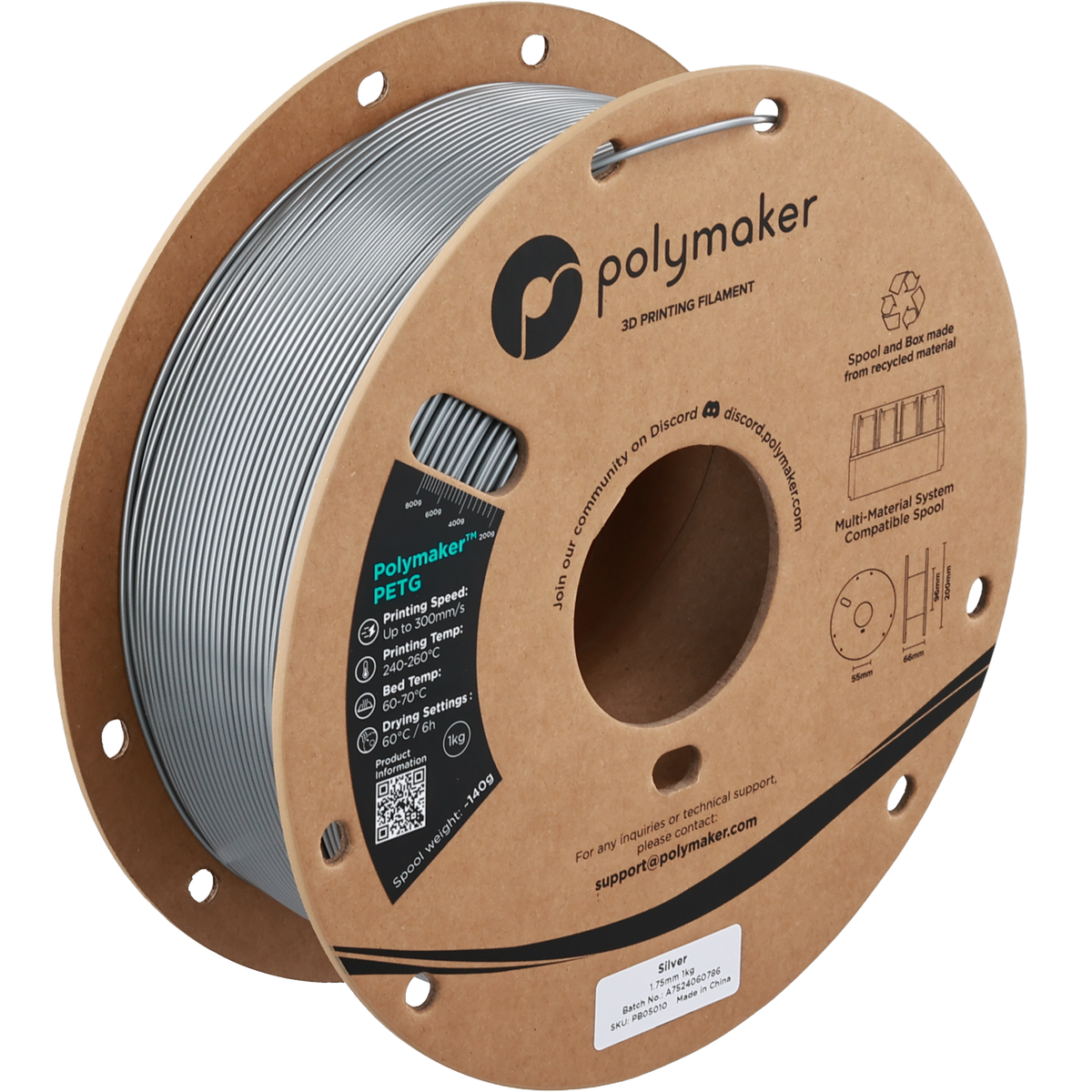 Polymaker PETG new formula 1.75 mm 1 kg – Silver – PB05010
