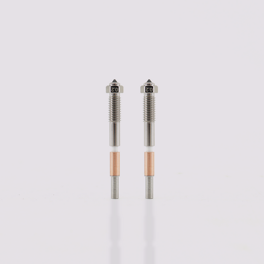 Two Q2 bimetal nozzles 0.2 mm tips with hardened steel core and copper-plated exterior