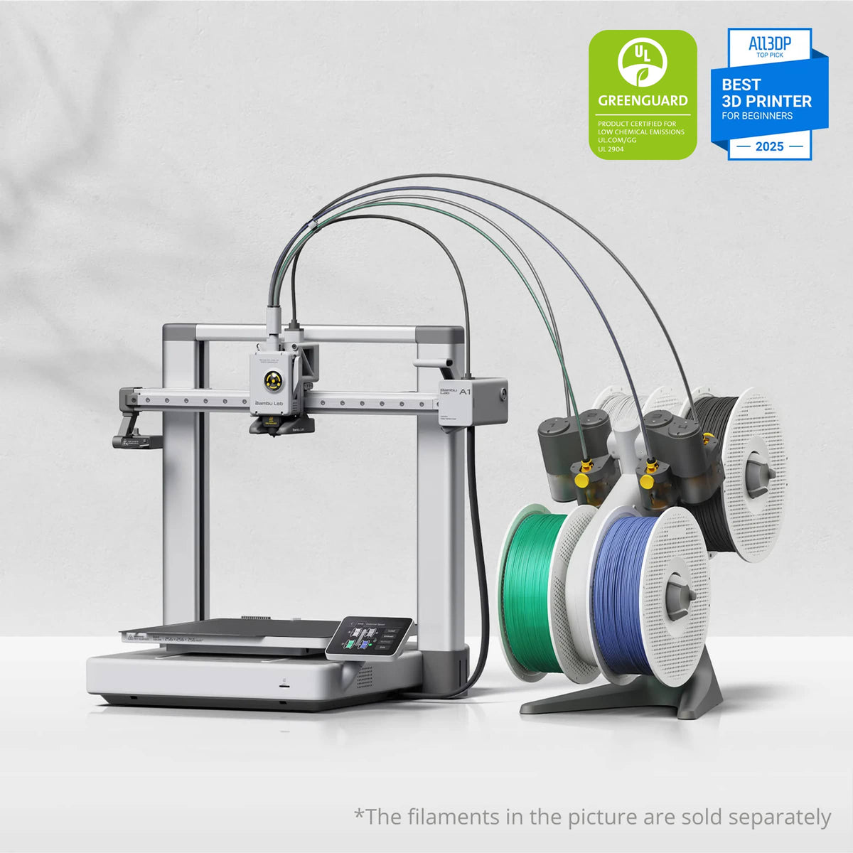Bambu Lab A1 Combo 3D Printer with AMS lite; filament spools shown are illustrative