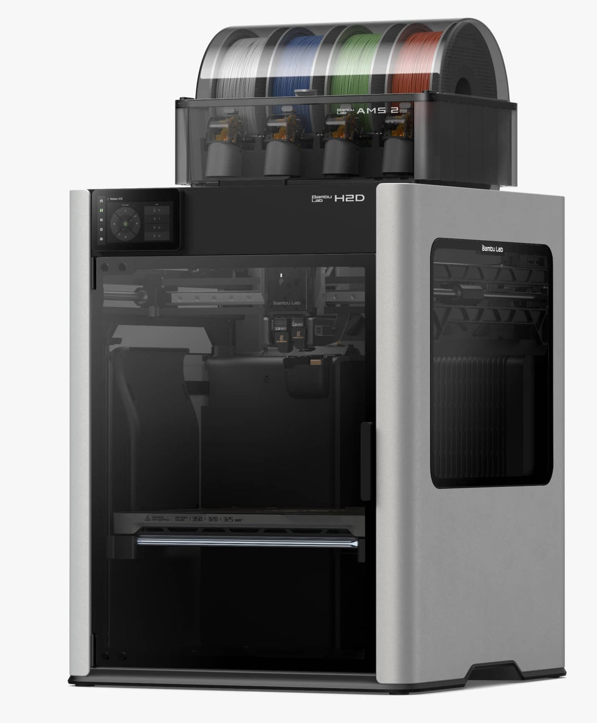 Bambu Lab H2D Combo 3D Printer with AMS 2 Pro; filament spools shown are illustrative