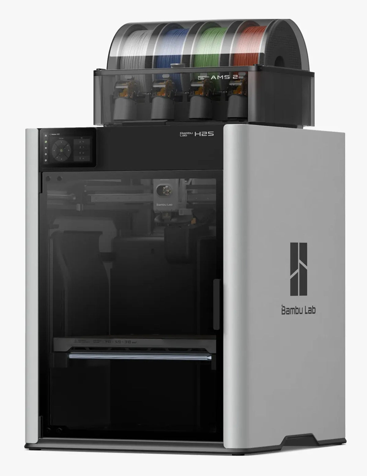 Bambu Lab H2S Combo 3D Printer with AMS 2 Pro; filament spools shown are illustrative