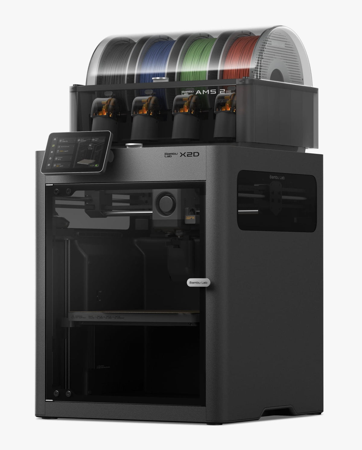 Bambu Lab X2D Combo 3D Printer with AMS 2 Pro; filament spools shown are illustrative