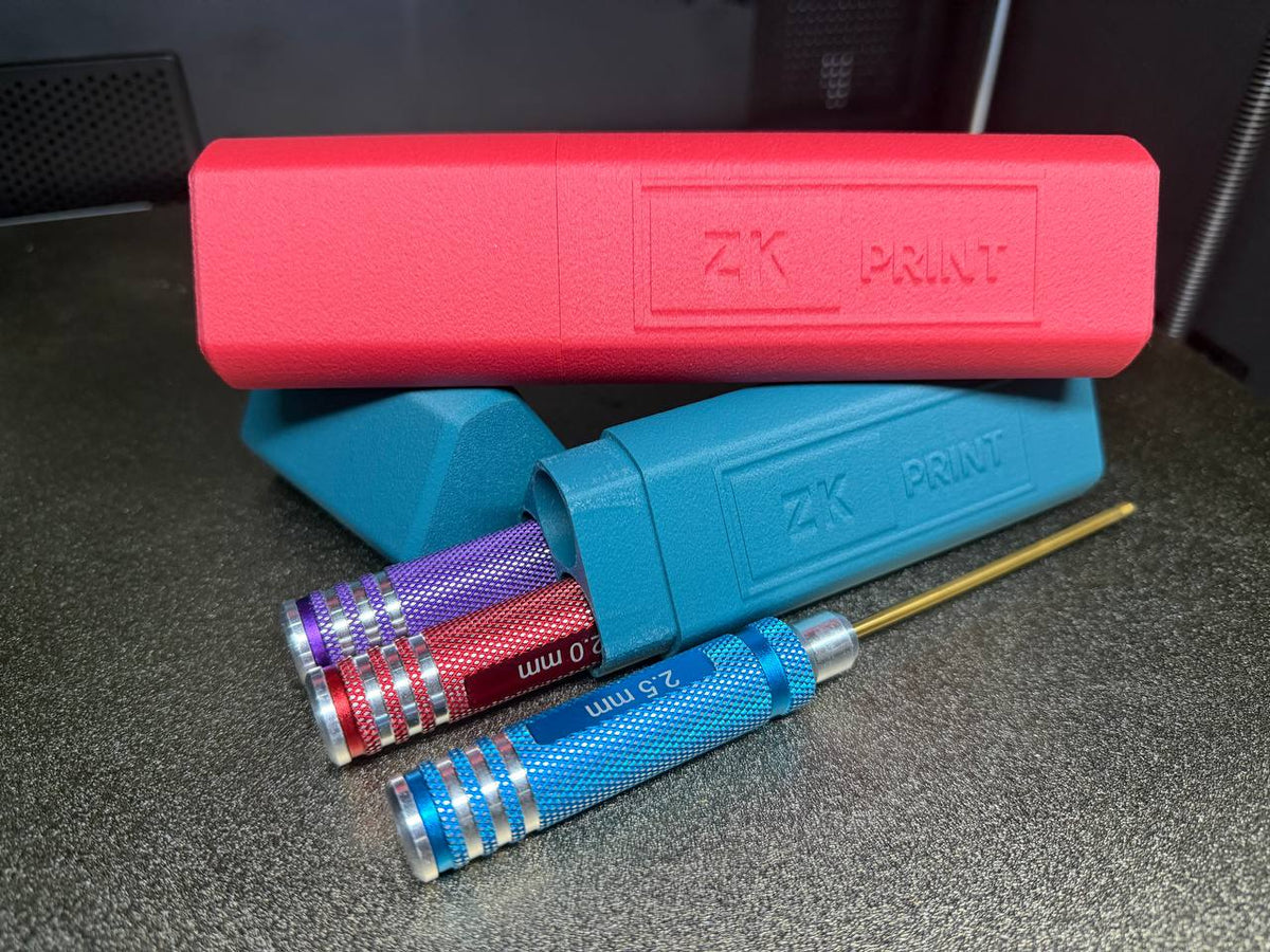 Hex drivers beside red and blue ZK Print cases