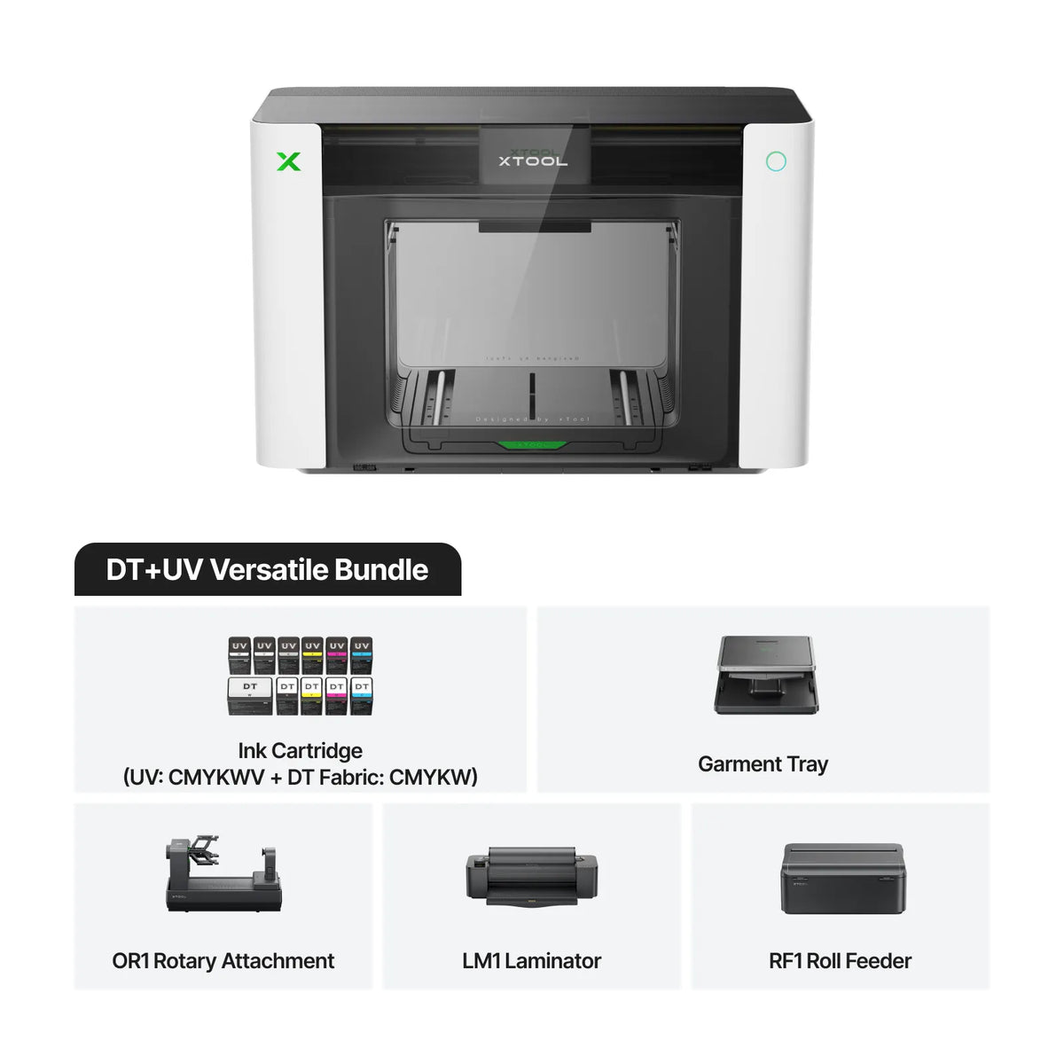 xTool O1 Omni Printer – UV & DTG Versatile Bundle — manufacturer bundle contents illustration