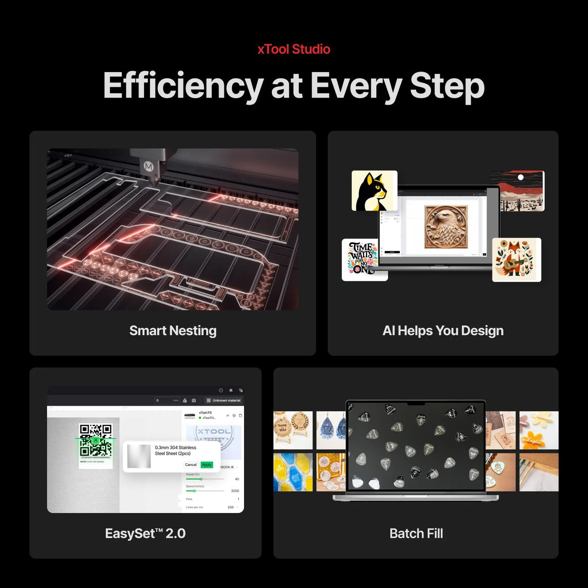 xTool P3 software workflow showing nesting, design and batch processing