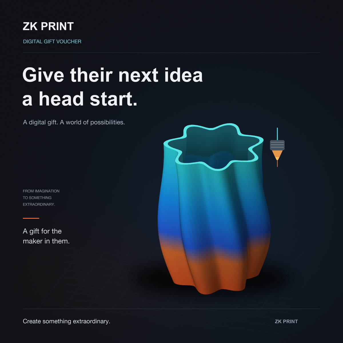 ZK Print digital gift voucher: Give their next idea a head start. A luminous cyan, blue and orange layered 3D-printed sculptural vessel on graphite.