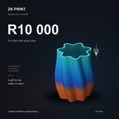 ZK Print R10,000 digital gift voucher, featuring a luminous cyan, blue and orange layered 3D-printed sculpture on a premium graphite background.