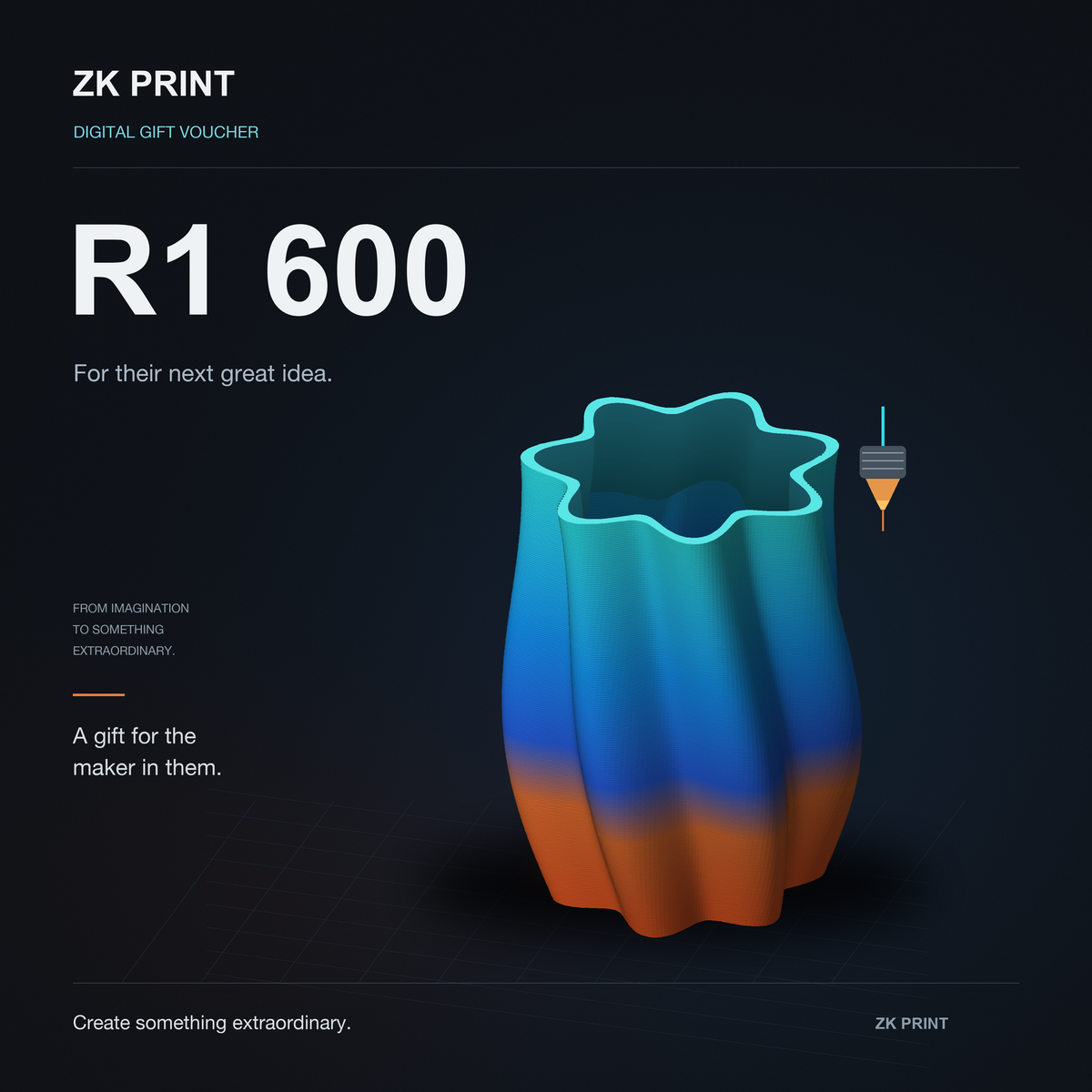 ZK Print R1,600 digital gift voucher, featuring a luminous cyan, blue and orange layered 3D-printed sculpture on a premium graphite background.