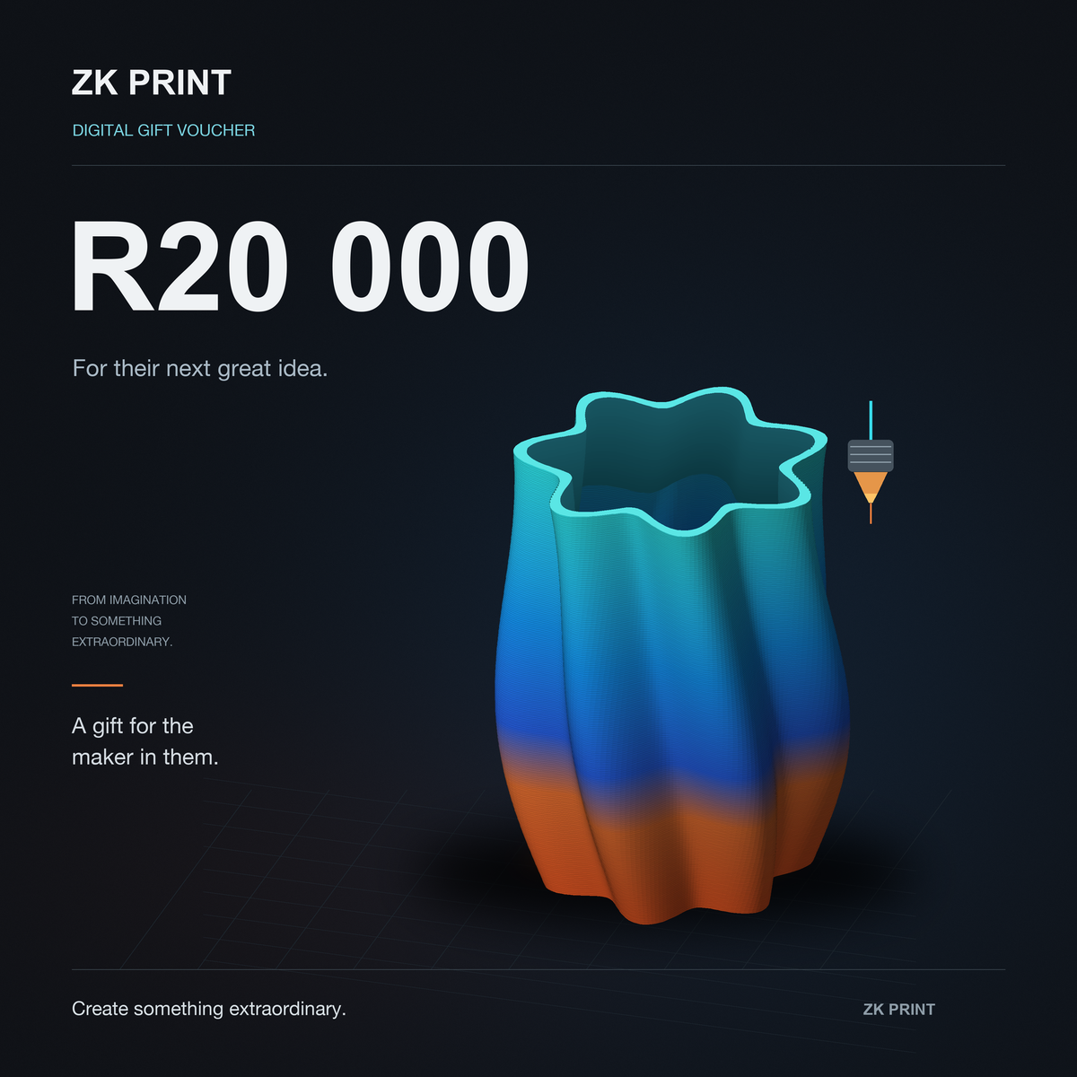 ZK Print R20,000 digital gift voucher, featuring a luminous cyan, blue and orange layered 3D-printed sculpture on a premium graphite background.