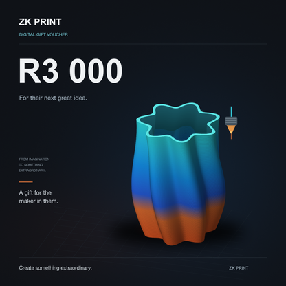 ZK Print R3,000 digital gift voucher, featuring a luminous cyan, blue and orange layered 3D-printed sculpture on a premium graphite background.