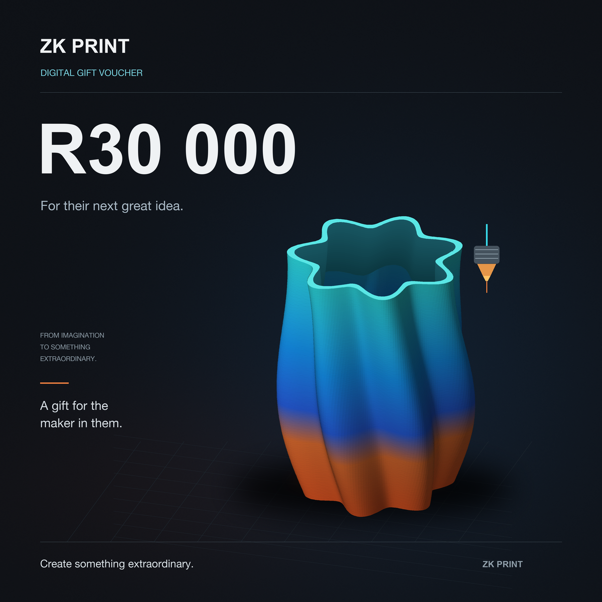 ZK Print R30,000 digital gift voucher, featuring a luminous cyan, blue and orange layered 3D-printed sculpture on a premium graphite background.