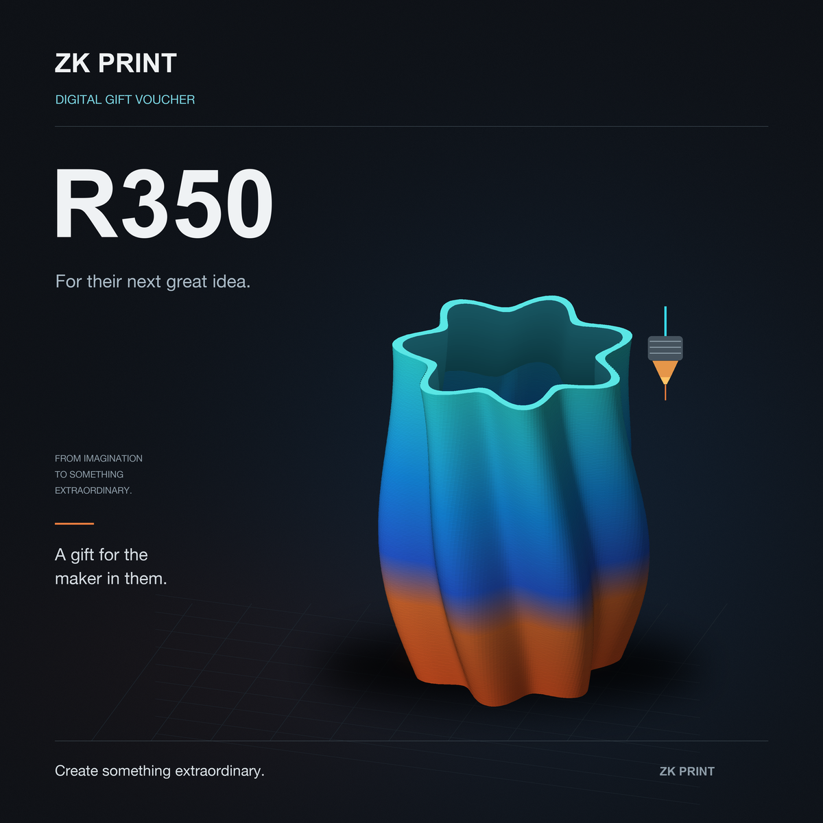 ZK Print R350 digital gift voucher, featuring a luminous cyan, blue and orange layered 3D-printed sculpture on a premium graphite background.