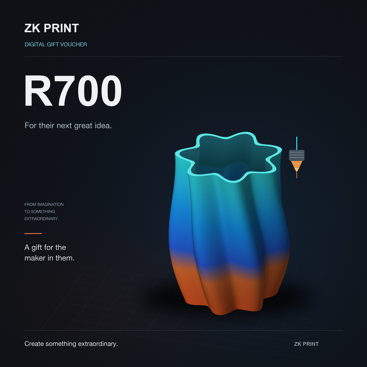 ZK Print R700 digital gift voucher, featuring a luminous cyan, blue and orange layered 3D-printed sculpture on a premium graphite background.
