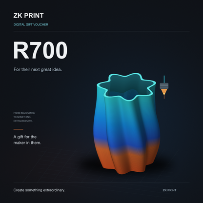 ZK Print R700 digital gift voucher, featuring a luminous cyan, blue and orange layered 3D-printed sculpture on a premium graphite background.
